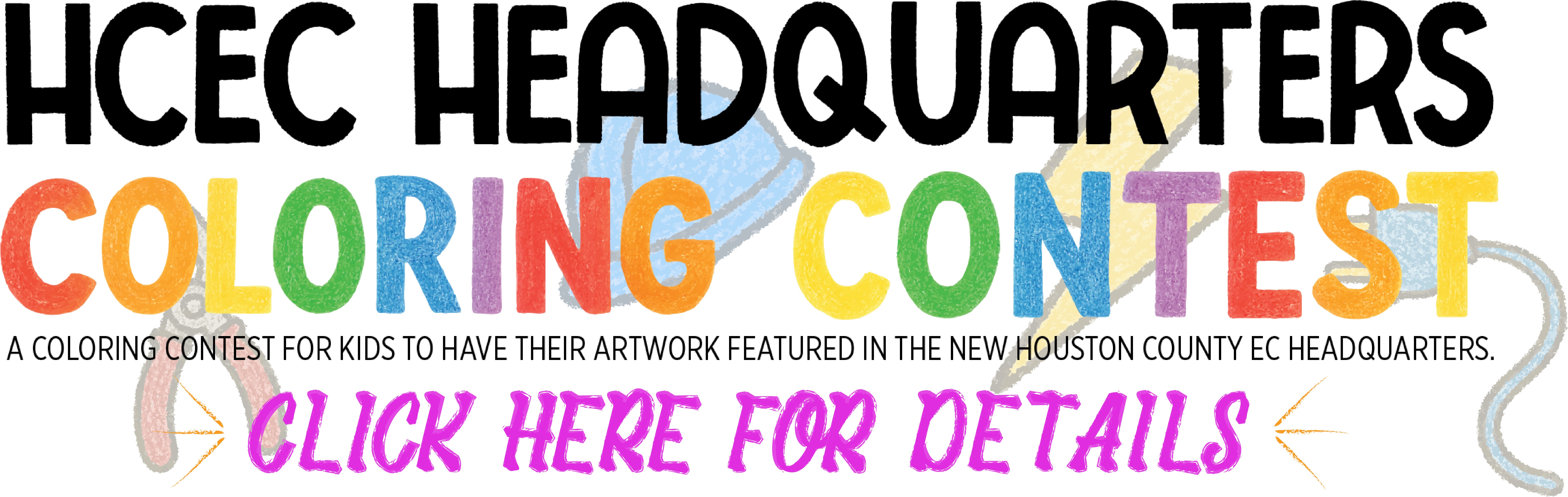 HCEC Headquarters Coloring Contest with opaque images representing drawings related to electric cooperatives