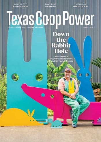 July 2026 Texas Coop Power Pagazine with sculptor in front of his colorful statues of large animals in bright colors